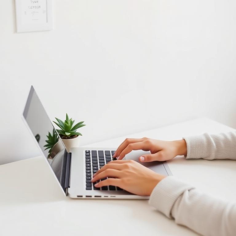 Hands at a laptop beside a notebook